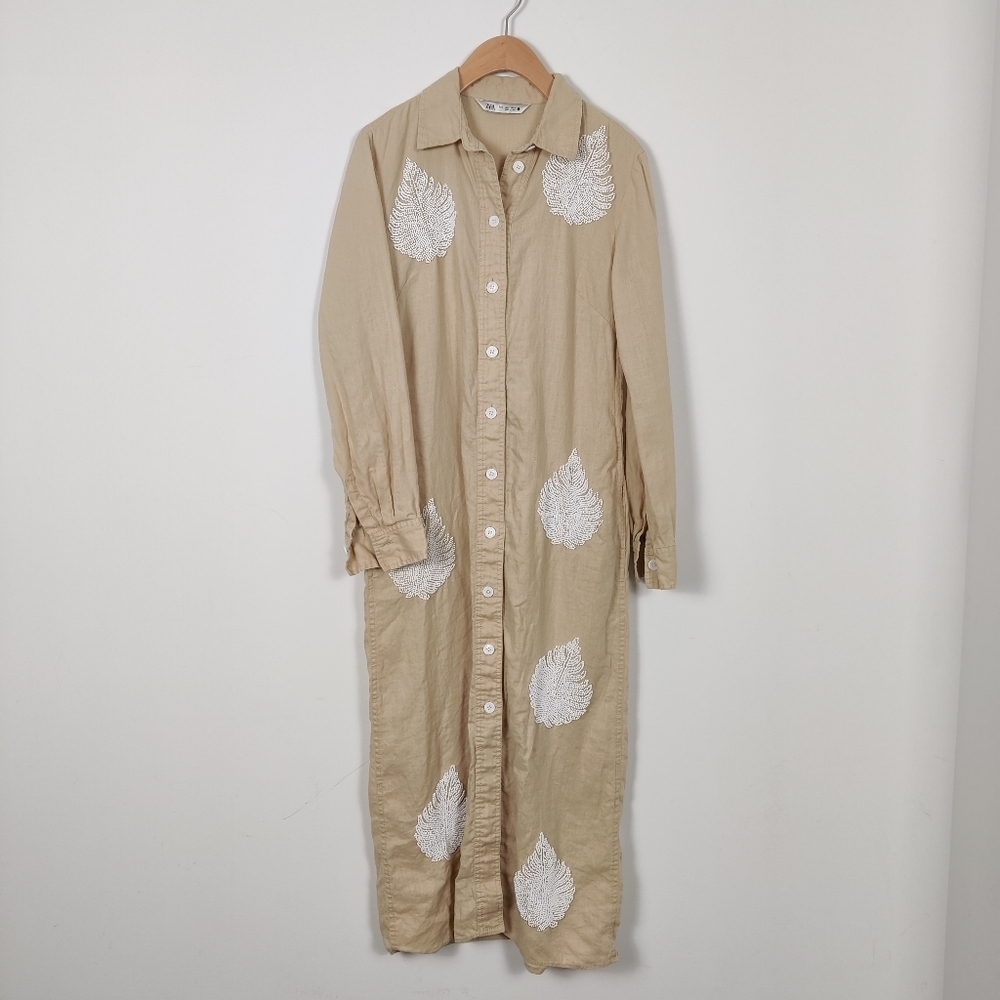 Zara Women's Tan & White Maxi Shirt Dress Size Small Embellished Linen Bohemian
